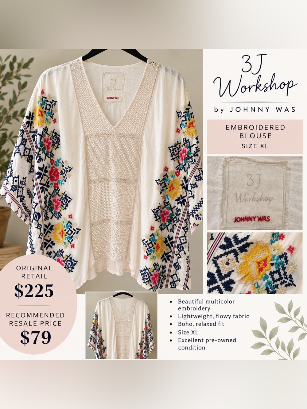 Johnny Was 3J Off White Embroidered Boho Blouse with Multicolor Floral Accent